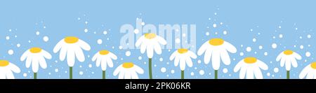 Primavera. Contorno floreale a margherita. Banner orizzontale. Illustrazione vettoriale, design piatto Illustrazione Vettoriale