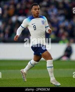 Cameron Archer in Inghilterra durante la partita internazionale amichevole sotto i 21 anni al King Power Stadium, Leicester. Data immagine: Sabato 25 marzo 2023. Foto Stock