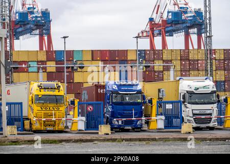 Ingresso ed uscita per container, al terminal container MSC nel porto di Bremerhaven, terminal container Eurogate con quasi 50 contai Foto Stock