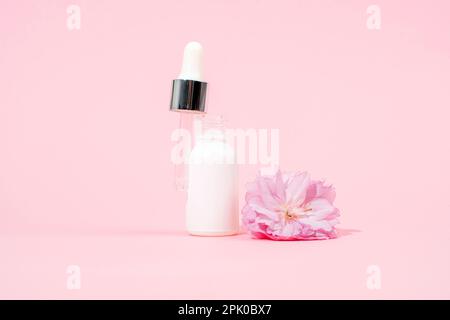 Flacone contagocce per siero bianco e fiore sakura su sfondo rosa. Cura della pelle, concetto di trattamento di bellezza. Beffa. Foto Stock