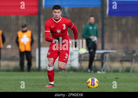 Cracovia, Polonia. 28th Mar, 2023. Jakub Lewicki di Polonia in azione durante il Campionato europeo Under-19 2023-Elite round Match tra Polonia e Serbia al Centro di addestramento di Cracovia. Punteggio finale; Polonia 2:2 Serbia. Credit: SOPA Images Limited/Alamy Live News Foto Stock