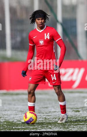 Cracovia, Polonia. 28th Mar, 2023. Maximillian Oyedele di Polonia in azione durante il Campionato europeo Under-19 2023-Elite round Match tra Polonia e Serbia al Centro di formazione di Cracovia. Punteggio finale; Polonia 2:2 Serbia. (Foto di Grzegorz Wajda/SOPA Images/Sipa USA) Credit: Sipa USA/Alamy Live News Foto Stock