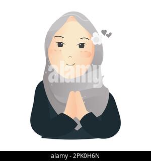 Donna musulmana in hijab che fa un gesto di saluto islamico. Illustrazione vettoriale in uno stile piatto. Illustrazione Vettoriale