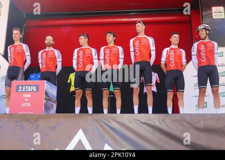 Viana, Spagna. 4th Apr, 2023. I piloti di Cofidis durante la 2nd° tappa del Paese Basco Itzulia tra Viana e Leitza, il 04 aprile 2023, a Viana, Spagna. (Foto di Alberto Brevers/Pacific Press) Credit: Pacific Press Media Production Corp./Alamy Live News Foto Stock