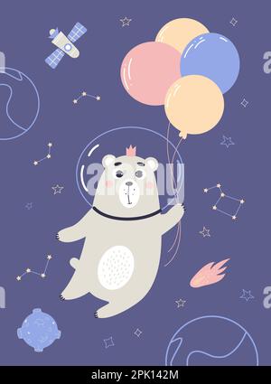 Grazioso orso astronauta con palloncini, stelle, pianeti e meteorite su sfondo blu. Illustrazione verticale vettoriale per la collezione, il design, l'arredamento, la c Illustrazione Vettoriale