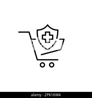 Assicurazione medica shopping. Acquisto di piani sanitari. Scudo di sicurezza con croce nel carrello della spesa. Icona della linea perfetta dei pixel Illustrazione Vettoriale