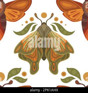 Modello vettoriale mistico senza cuciture con falene, foglie e lune su sfondo bianco. Texture delicata e colorata con farfalle. Piatto sfondo sacro di Illustrazione Vettoriale