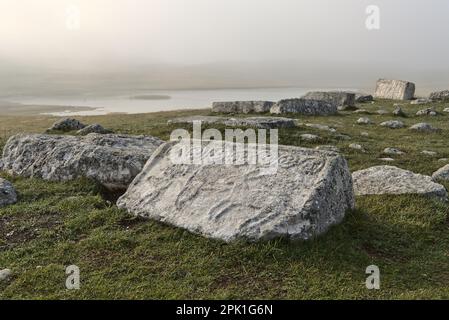 Novakovići, Žabljak, Montenegro – Agosto 2022: Stećak sul cimitero medievale „Grčko groblje“ e Riblje jezero (lago). Cimitero è iscritto sul Worl Foto Stock