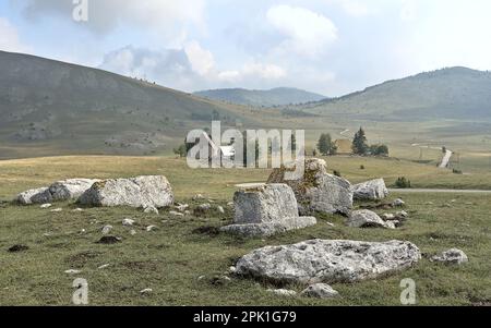 Novakovići, Žabljak, Montenegro – Agosto 2022: Stećci sul cimitero medievale „Bara Žugića“. Il cimitero è iscritto nella Lista del Patrimonio Mondiale e si trova Foto Stock