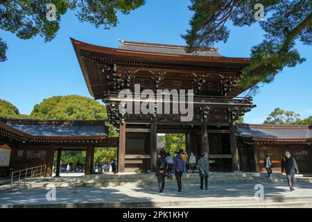 Tokyo, Giappone - 4 marzo 2023: Persone che visitano il Santuario Meiji nel Parco di Yoyogi a Shibuya, Tokyo, Giappone. Foto Stock