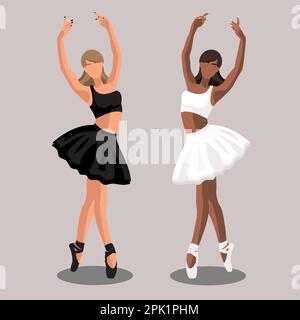 Illustrazione vettoriale balletto classico. Afroamericano con ballerine bianche caucasiche senza volto in tutus bianco e nero e scarpe a punta che ballano su sfondo viola in uno stile piatto Illustrazione Vettoriale