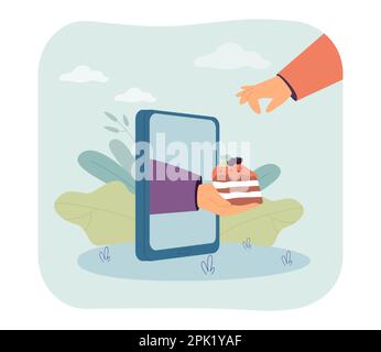 Mano dal telefono cellulare dando pezzo di torta a persona Illustrazione Vettoriale