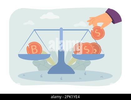 Mano che mette le monete sulle scale di equilibrio con i dollari e le bitcoins Illustrazione Vettoriale