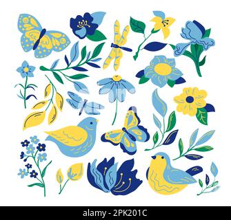 Fiori e uccelli nei colori blu e giallo Illustrazione Vettoriale
