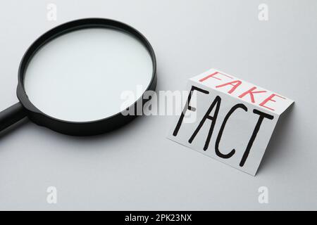 Lente d'ingrandimento vicino al foglio di carta con le parole fact e Fake su sfondo grigio chiaro Foto Stock