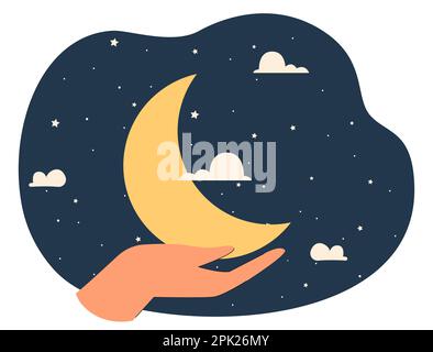 Mano umana che tiene mezzaluna luna Illustrazione Vettoriale