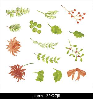 Foglie, bacche e fiori per Natale, disegno vettoriale acquerello disegnato a mano per biglietto di auguri o invito disegno Illustrazione Vettoriale