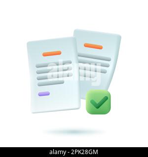 Documenti con segno di spunta 3D icona stile cartone animato Illustrazione Vettoriale