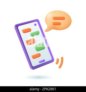 Telefono con messaggi di testo chat sullo schermo 3D icona stile cartone animato Illustrazione Vettoriale