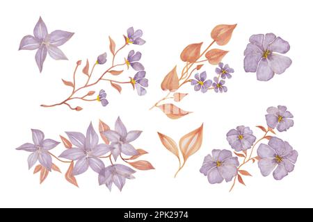 Fiori viola e foglie marroni in acquerello, disegno a mano vettore acquerello per biglietto di auguri o invito disegno Illustrazione Vettoriale