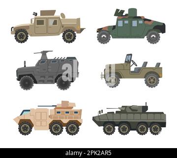 Set di illustrazioni vettoriali per veicoli militari diversi Illustrazione Vettoriale