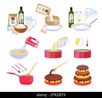 Set di illustrazioni cartoni animati per la preparazione della torta Illustrazione Vettoriale