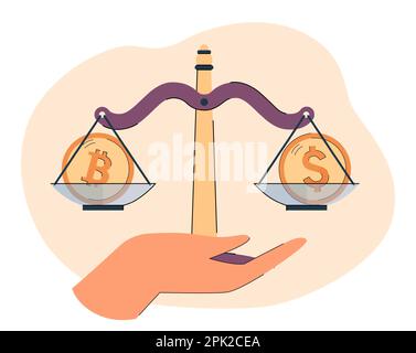 Bilancia a mano con moneta in dollari e bitcoin Illustrazione Vettoriale