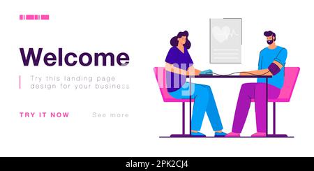 Cartoon cardiologo che prende la pressione sanguigna di un malato in ufficio Illustrazione Vettoriale