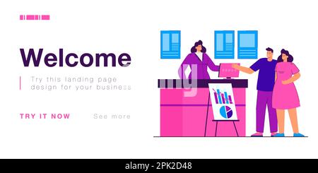 Clienti che si trovano al banco informazioni dell'evento di fiera Illustrazione Vettoriale