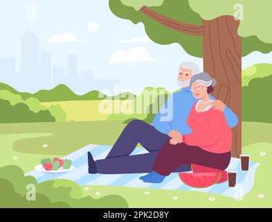 Vecchio uomo e donna che hanno picnic sotto l'albero nel parco Illustrazione Vettoriale