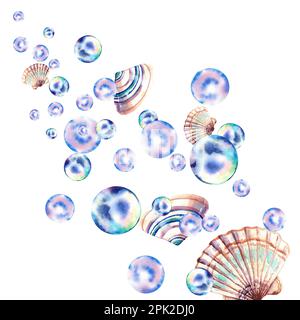 Bolle di sapone e conchiglie su uno sfondo isolato. Illustrazione acquerello. Perle. Mondo subacqueo. Aria Foto Stock