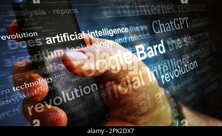 Poznan, Polonia, 2 aprile 2023: ChatGPT Bard tecnologia ai intelligenza artificiale finestra pop up sullo schermo del computer. Concetto astratto dei titoli di notizie ac Foto Stock