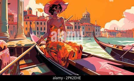 Illustrazione della bellissima città di Venezia. Città di gondolieri, ponti, carnevale e amore. Italia Foto Stock