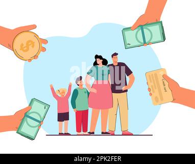 Mani di persone che danno denaro a una famiglia felice Illustrazione Vettoriale