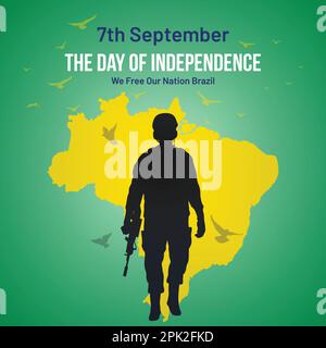 Disegno vettoriale del giorno di indipendenza del Brasile. 7th settembre giorno Nazionale brasiliano di festa sfondo con elementi di colore nazionale, mappa, esercito, piccione. Illustrazione Vettoriale