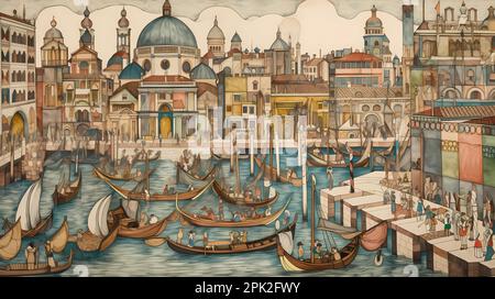 Illustrazione della bellissima città di Venezia. Città di gondolieri, ponti, carnevale e amore. Italia Foto Stock