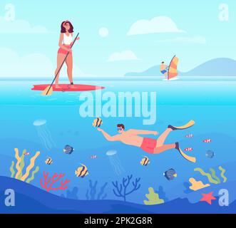 Cartoni animati che praticano diversi sport acquatici in mare Illustrazione Vettoriale
