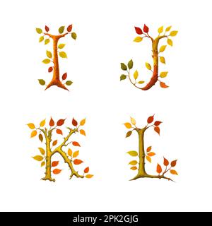 3D illustrazione dell'alfabeto stilizzato dell'albero fogliare autunnale - lettere i-L. Foto Stock