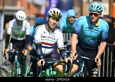 Terneuzen, Paesi Bassi. 05th Apr, 2023. Il britannico Marco Cavendish di Astana Qazaqstan ha illustrato al via della gara maschile della 111th° edizione della 'Scheldeprijs' di un giorno di ciclismo, 205, a 2 km da Terneuzen, Paesi Bassi a Schoten, Belgio, mercoledì 05 aprile 2023. FOTO DI BELGA JASPER JACOBS Credit: Belga News Agency/Alamy Live News Foto Stock