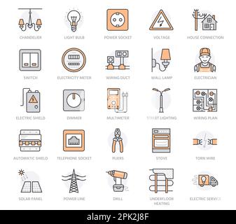 Icone di linee piatte vettoriali per l'ingegneria elettrica. Apparecchiature elettriche, presa di corrente, cavo strappato, misuratore di energia, lampada. Segnaletica di assistenza elettricista, casa Illustrazione Vettoriale