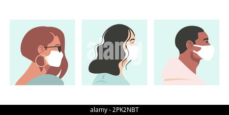 Covid 19 uomo in maschere protettive ragazza alla moda in maschera coronavirus disegno vettoriale piatto Illustrazione Vettoriale