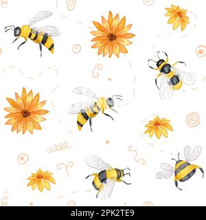 Apicoltura. Acquerello senza cuciture con api e fiori di campo. Design per carta da parati, tessuti e altro ancora. Su sfondo bianco. Foto Stock