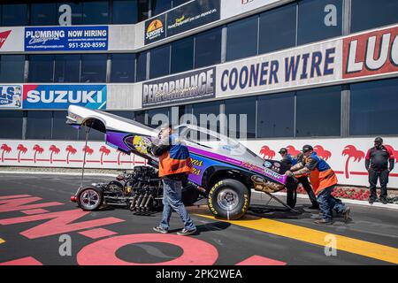 Pomona, Stati Uniti. 01st Apr, 2023. Il team California Hustler NFC spinge la propria auto e il proprio pilota sulla corsia di sosta mentre si dirigono verso il round di eliminazione della competizione. I piloti professionisti del drag racers a livello nazionale si riuniscono per competere al Lucas Oil NHRA Winternationals tenutosi all'in-N-out Burger Pomona Dragstrip per il 63rd° anno consecutivo. I piloti hanno combattuto per un periodo di tre giorni a partire dal 31st marzo e fino al 2 aprile, lottando per conquistare i titoli in ciascuna delle loro divisioni. Credit: SOPA Images Limited/Alamy Live News Foto Stock