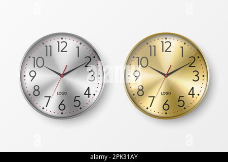 Vector 3D Orologio da ufficio a parete circolare realistico con composizione metallica. Orologi in metallo grigio e giallo - Argento, acciaio, Oro. Modello di progetto, Mock Illustrazione Vettoriale