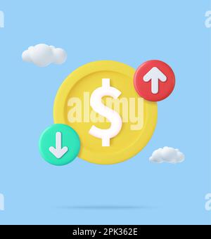 3D costo del dollaro con freccia giù e su. Illustrazione Vettoriale