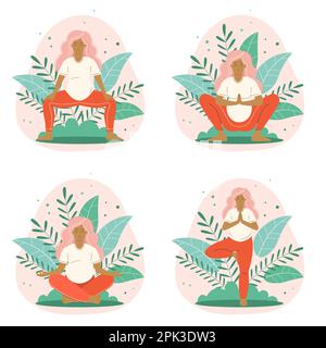 Gravidanza Yoga e meditazione Donna pose set Illustrazione Vettoriale