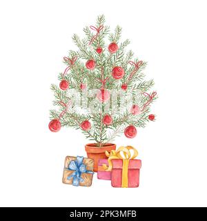 Albero di Natale su sfondo bianco in una pentola. Acquerello illustrazione di un albero di Natale con palle rosse. Illustrazione di Natale. Il nuovo anno Composit Foto Stock