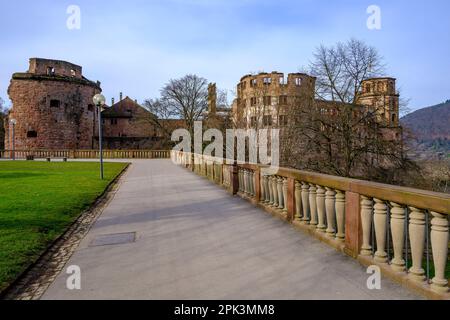 Lato est delle rovine del castello di Heidelberg, vista dal giardino del castello, Heidelberg, Baden-Württemberg, Germania, Europa. Foto Stock