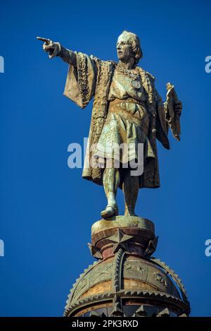 Scultura di Cristoforo Colombo al Monumento Cristoforo Colombo di Barcellona (Catalogna, Spagna) ESP: Scultura de Cristóbal Colón en el monumento a Colón Foto Stock