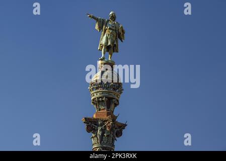 Scultura di Cristoforo Colombo al Monumento Cristoforo Colombo di Barcellona (Catalogna, Spagna) ESP: Scultura de Cristóbal Colón en el monumento a Colón Foto Stock